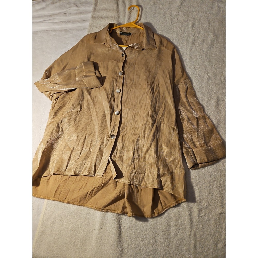 Women's Neon Yellow / Brown Long Sleeve Blouse, Size M, Loose Fit, Heavyweight